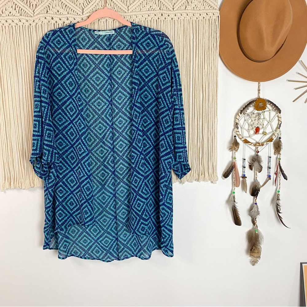 Maurices Boho Teal SemiSheer Printed Kimono Cardigan L/XL